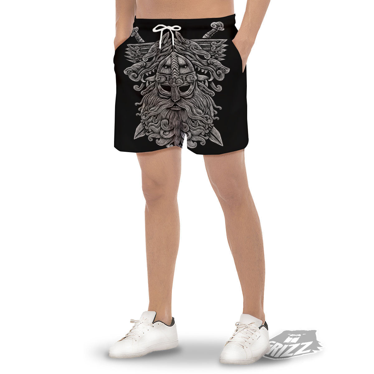 Odin With Wolfs White And Black Print Men's Gym Shorts-grizzshop