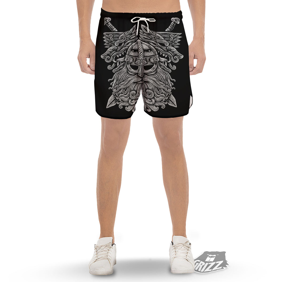 Odin With Wolfs White And Black Print Men's Gym Shorts-grizzshop