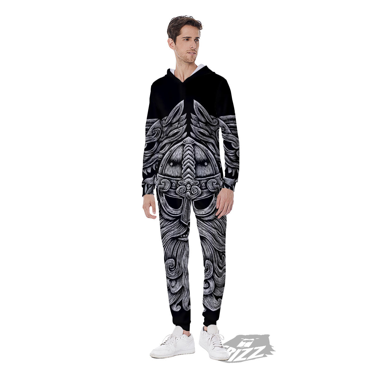 Odin With Wolfs White And Black Print Men's Jumpsuit-grizzshop