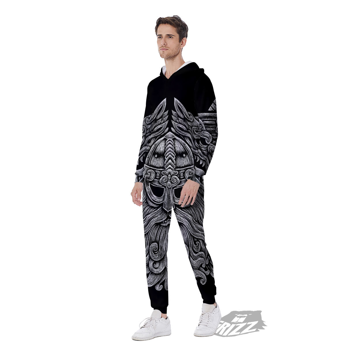 Odin With Wolfs White And Black Print Men's Jumpsuit-grizzshop