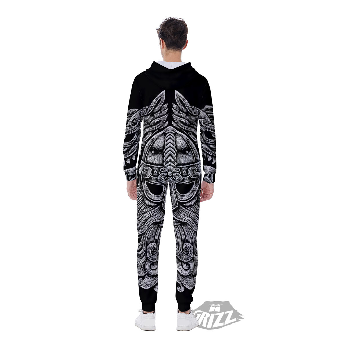 Odin With Wolfs White And Black Print Men's Jumpsuit-grizzshop