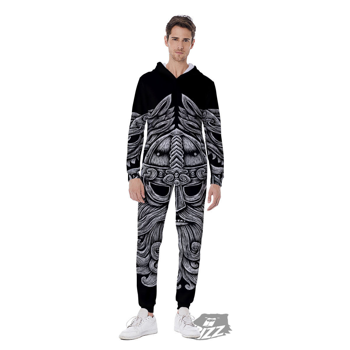 Odin With Wolfs White And Black Print Men's Jumpsuit-grizzshop