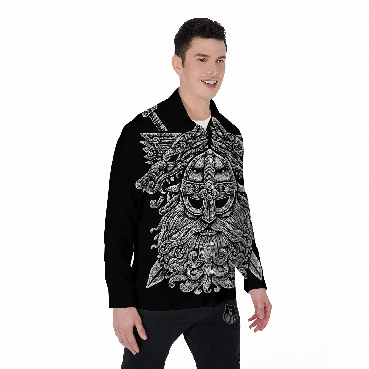 Odin With Wolfs White And Black Print Men's Long Sleeve Shirts-grizzshop