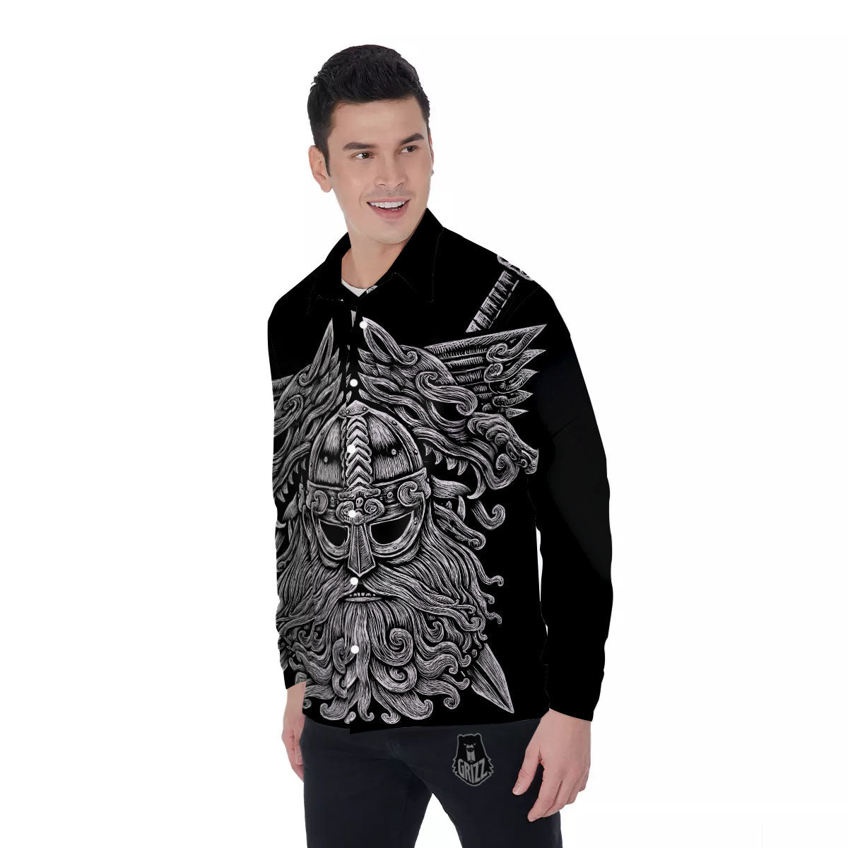 Odin With Wolfs White And Black Print Men's Long Sleeve Shirts-grizzshop
