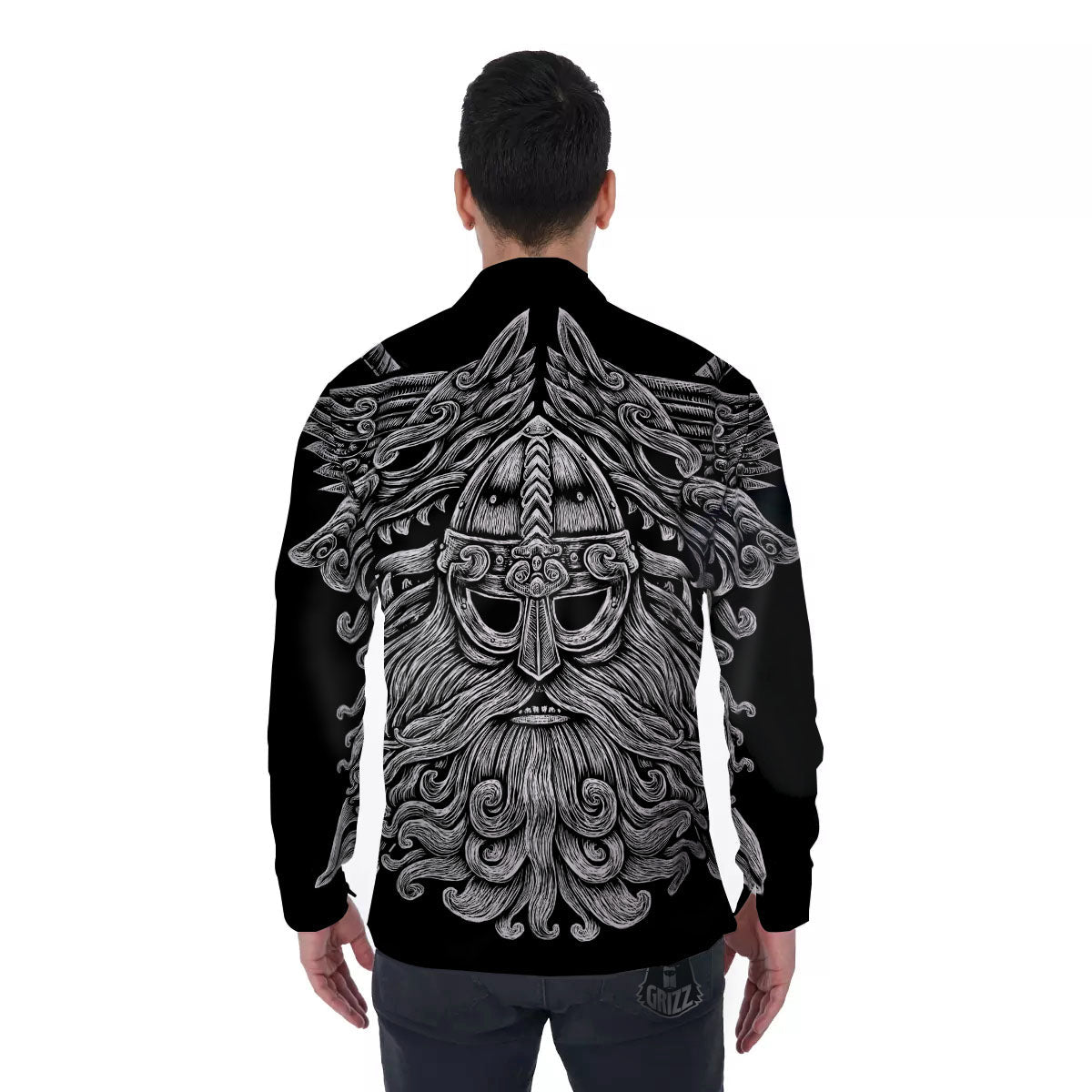 Odin With Wolfs White And Black Print Men's Long Sleeve Shirts-grizzshop