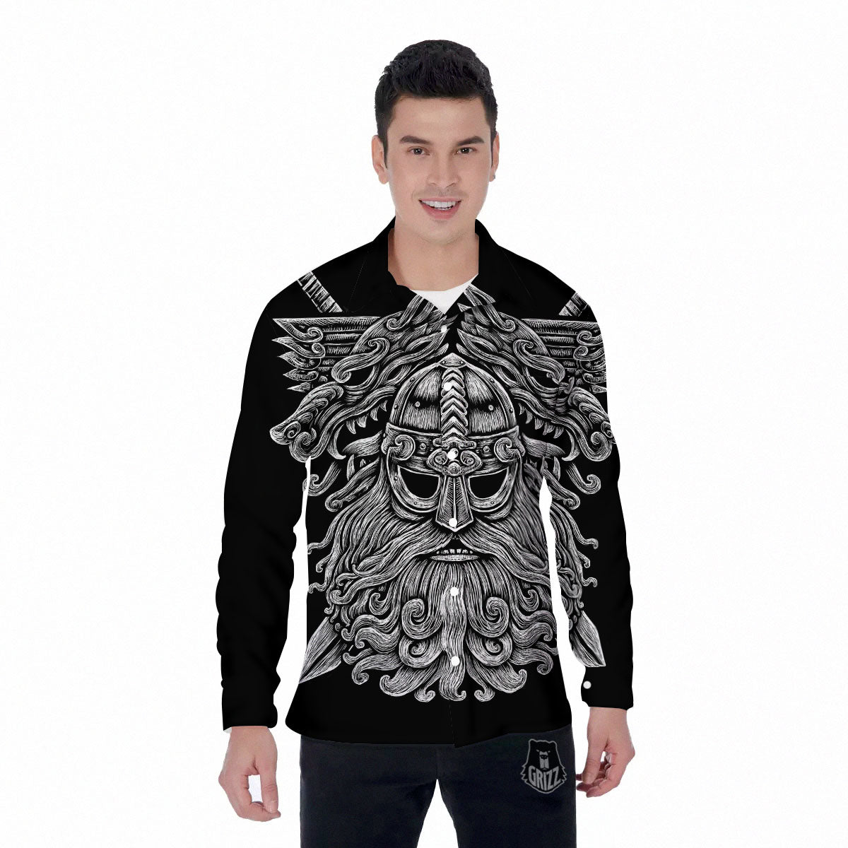 Odin With Wolfs White And Black Print Men's Long Sleeve Shirts-grizzshop