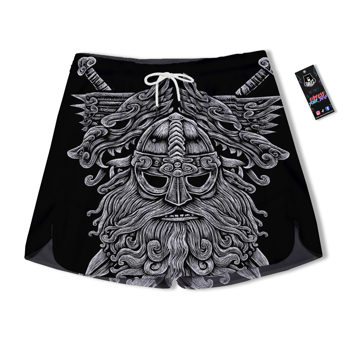 Odin With Wolfs White And Black Print Men's Running Shorts-grizzshop