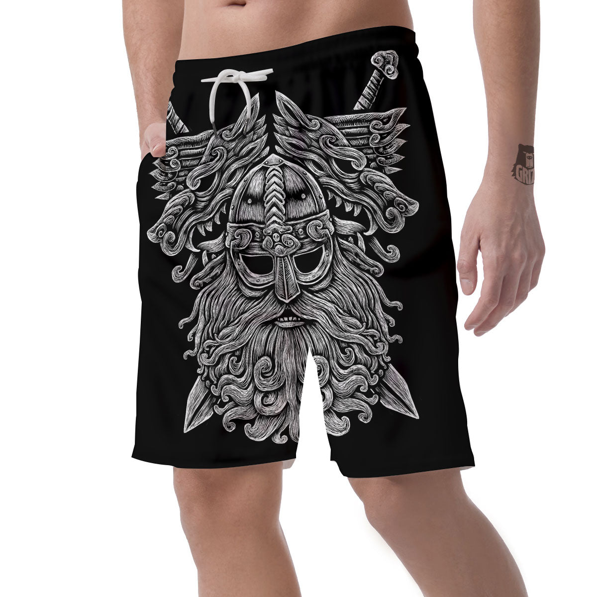 Odin With Wolfs White And Black Print Men's Shorts-grizzshop