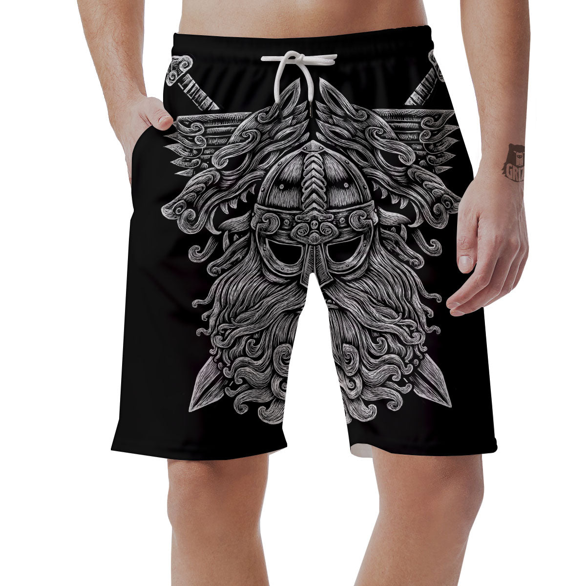 Odin With Wolfs White And Black Print Men's Shorts-grizzshop