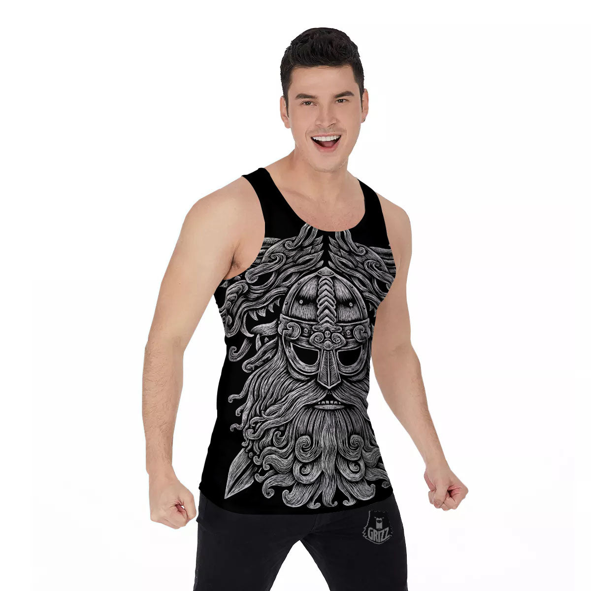 Odin With Wolfs White And Black Print Men's Tank Top-grizzshop