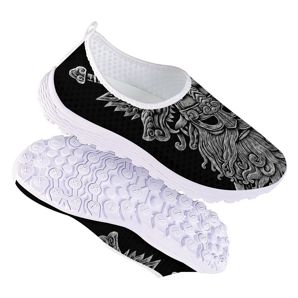 Odin With Wolfs White And Black Print Nurse Shoes-grizzshop