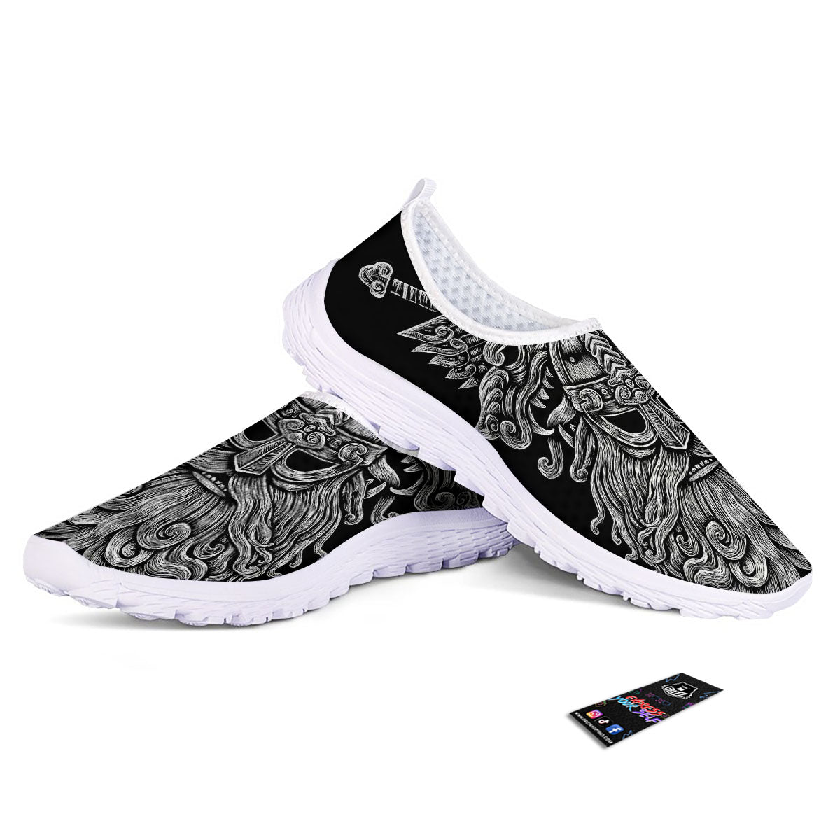 Odin With Wolfs White And Black Print Nurse Shoes-grizzshop
