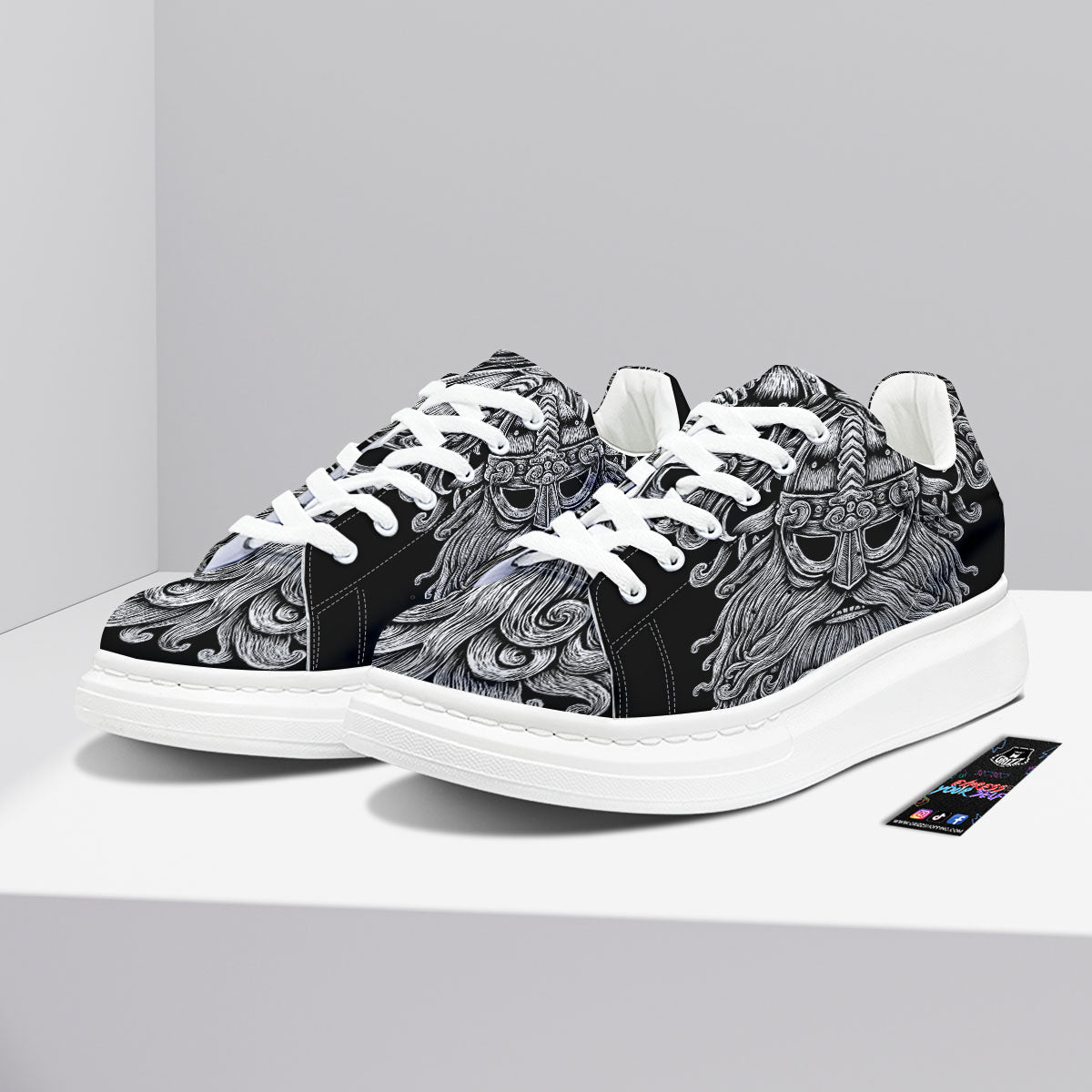 Odin With Wolfs White And Black Print Platform Shoes-grizzshop