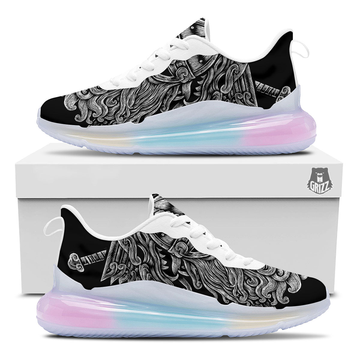 Odin With Wolfs White And Black Print Running Sneakers-grizzshop