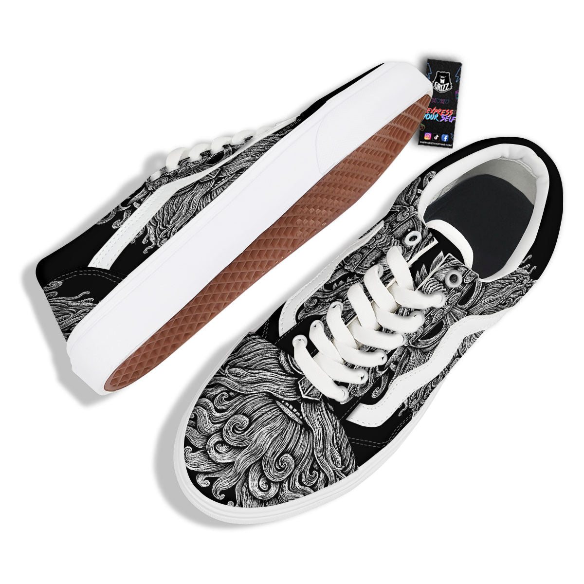 Odin With Wolfs White And Black Print Skate Shoes-grizzshop