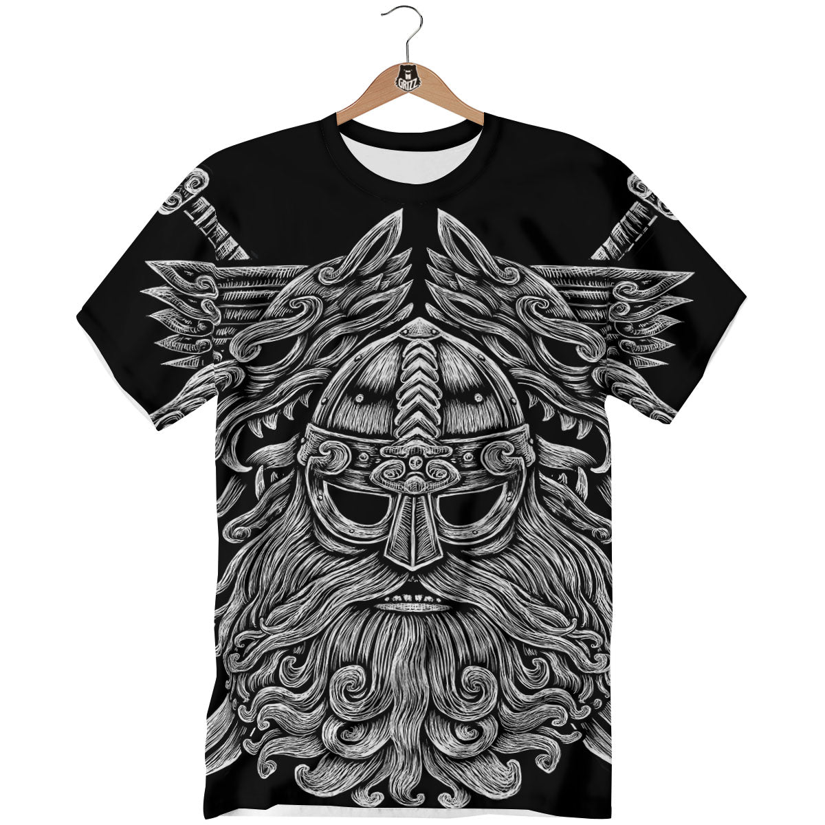 Odin With Wolfs White And Black Print T-Shirt-grizzshop