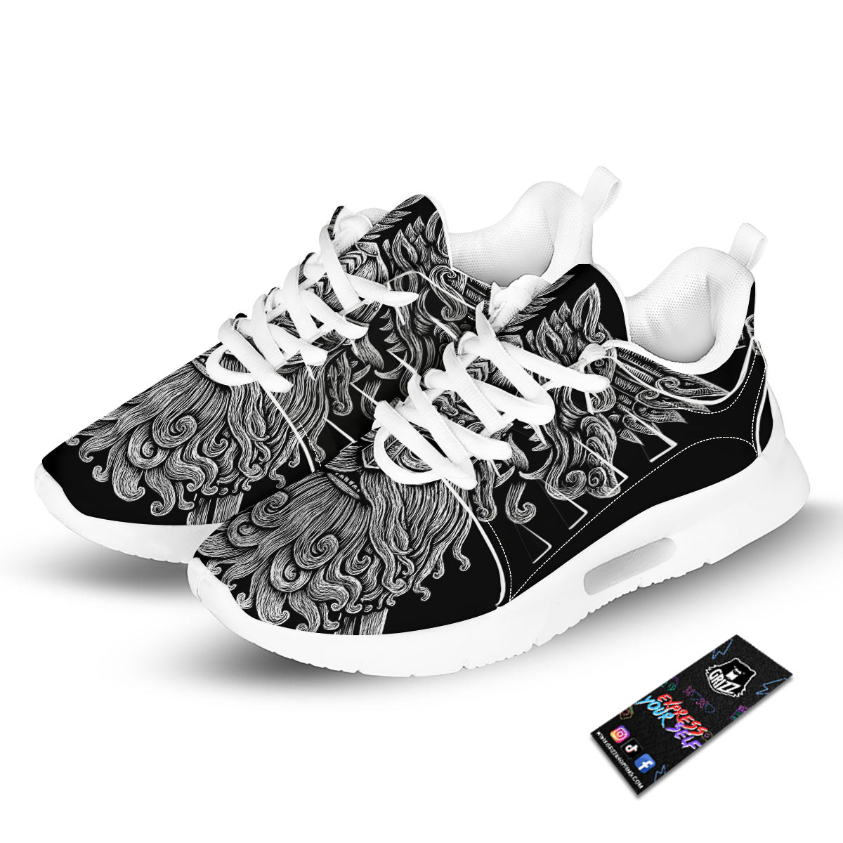 Odin With Wolfs White And Black Print Tennis Shoes-grizzshop