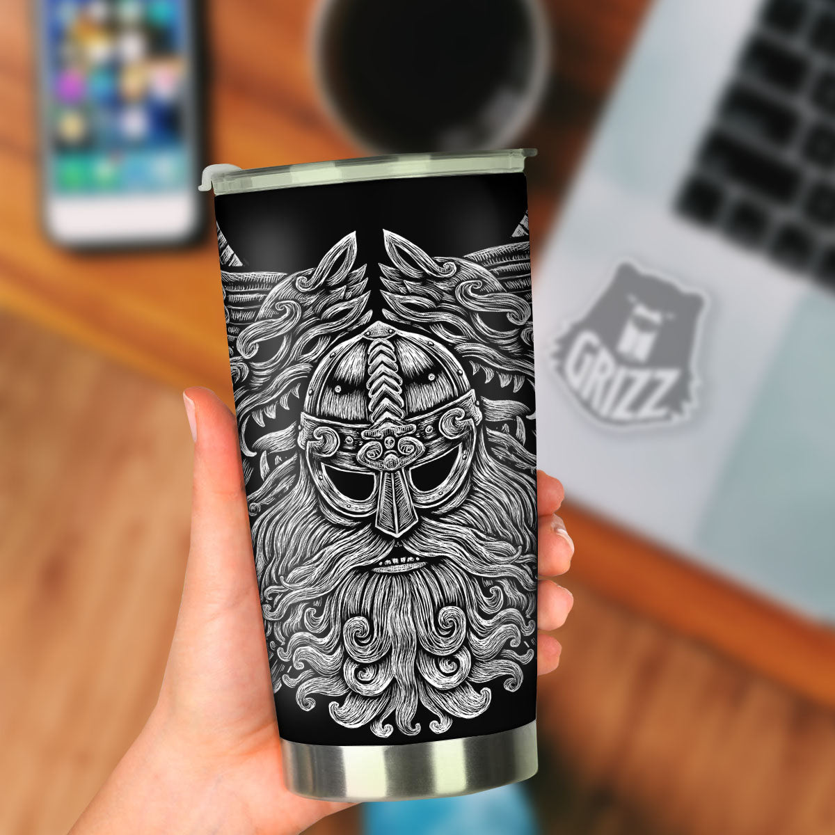 Odin With Wolfs White And Black Print Tumbler-grizzshop