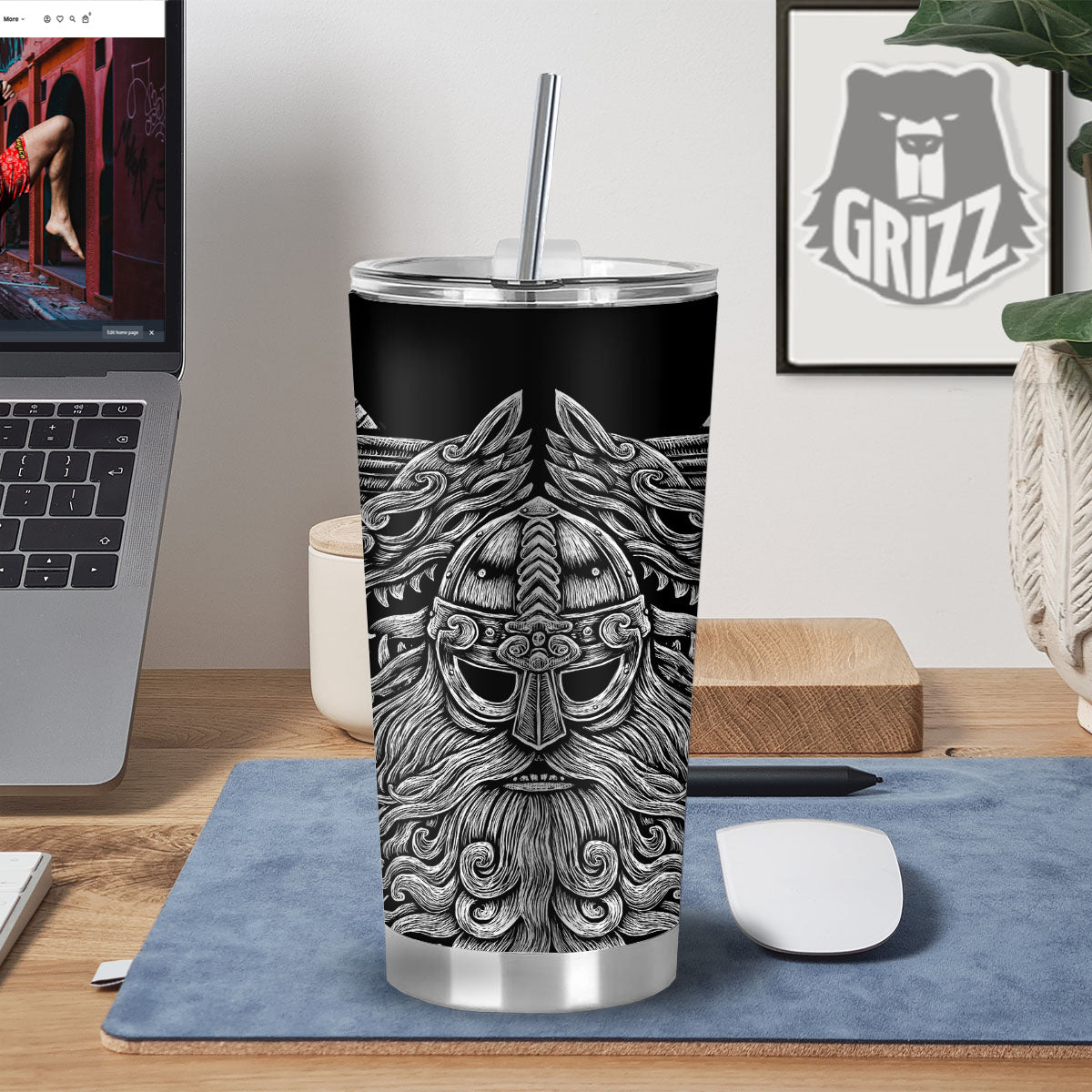 Odin With Wolfs White And Black Print Tumbler-grizzshop