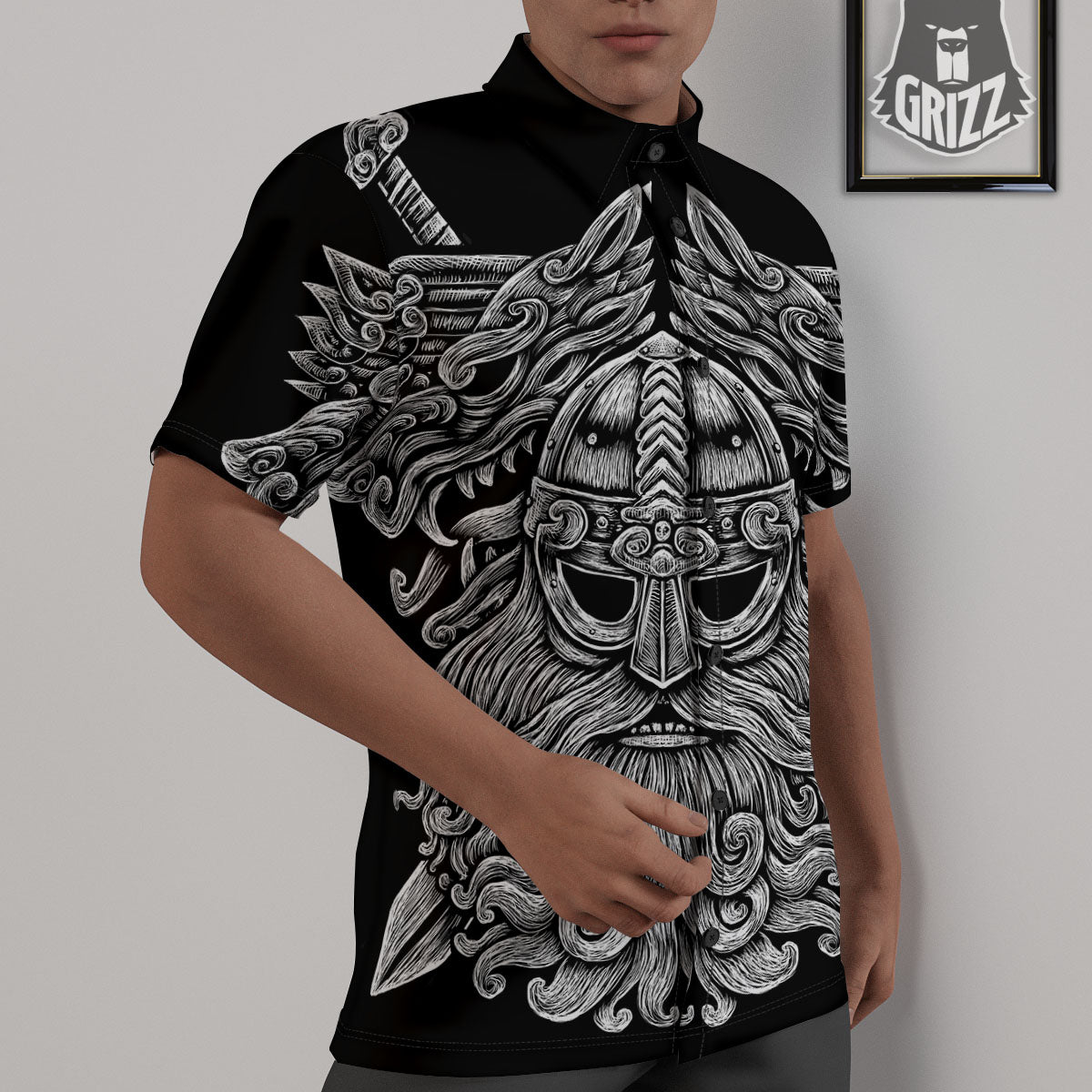 Odin With Wolfs White And Black Print Untucked Shirts-grizzshop