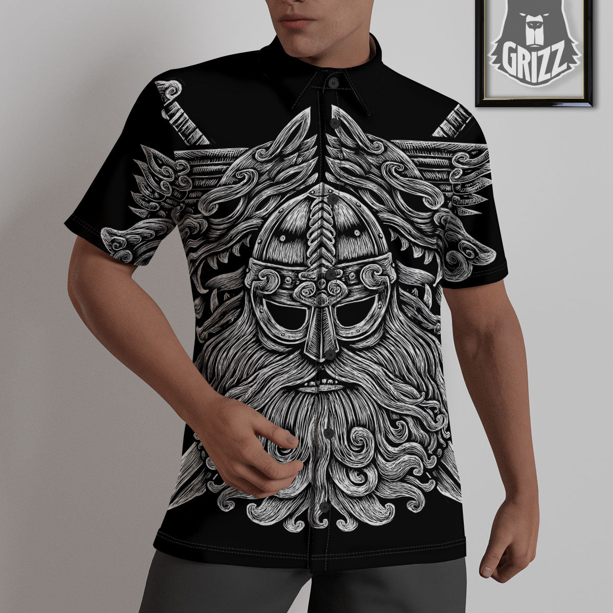 Odin With Wolfs White And Black Print Untucked Shirts-grizzshop