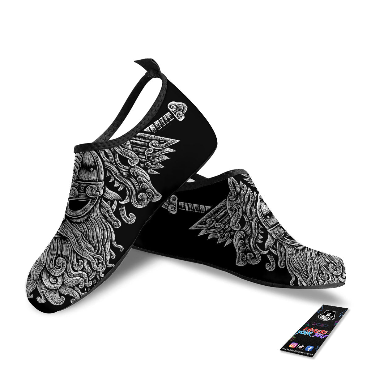 Odin With Wolfs White And Black Print Water Shoes-grizzshop