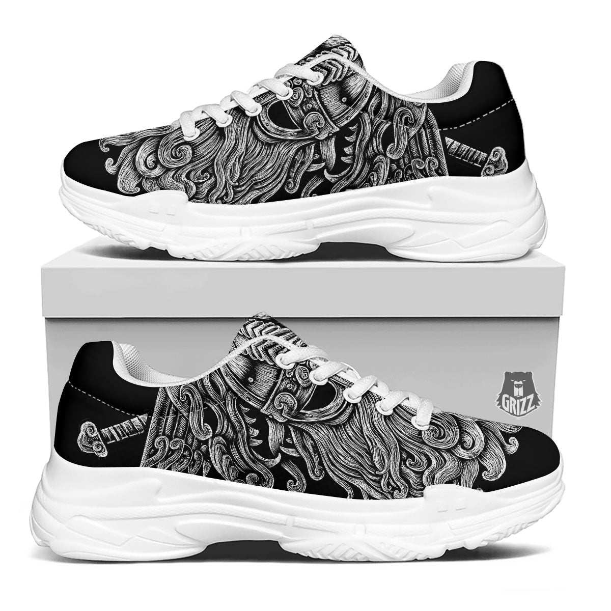 Odin With Wolfs White And Black Print White Chunky Shoes-grizzshop