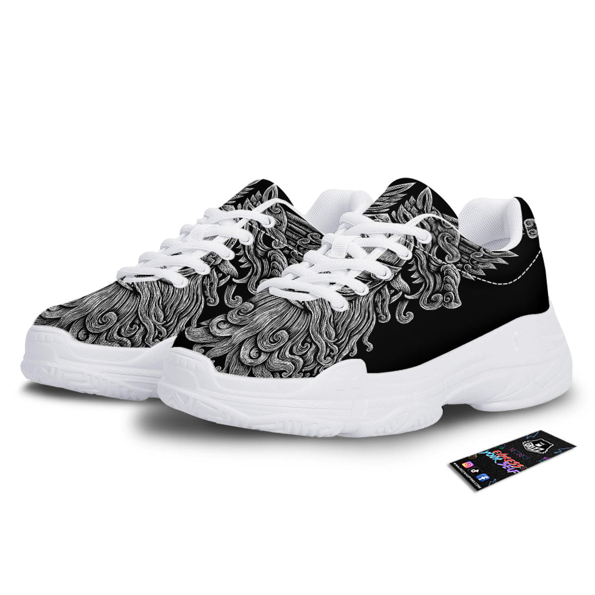 Odin With Wolfs White And Black Print White Chunky Shoes-grizzshop