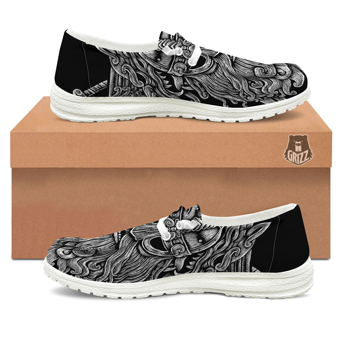 Odin With Wolfs White And Black Print White Loafers-grizzshop