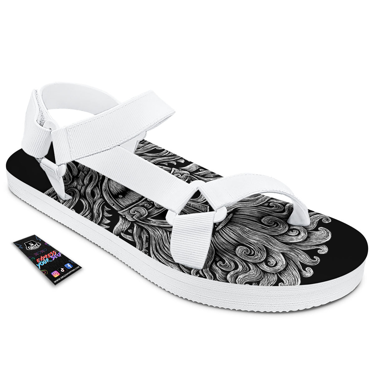 Odin With Wolfs White And Black Print White Open Toe Sandals-grizzshop