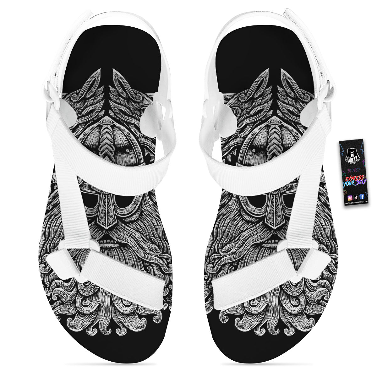 Odin With Wolfs White And Black Print White Open Toe Sandals-grizzshop