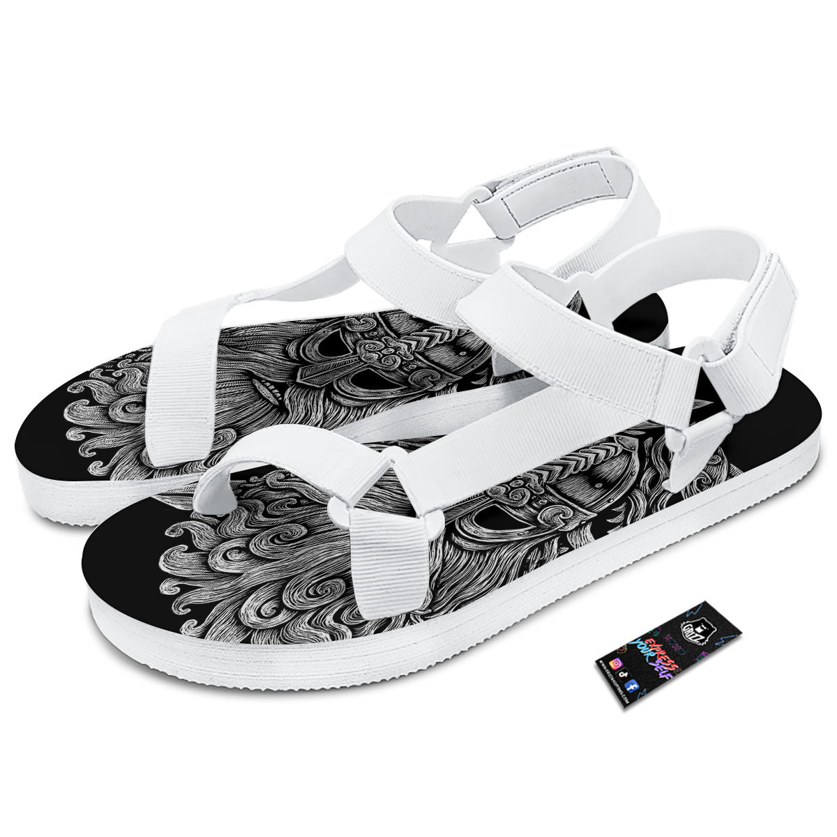 Odin With Wolfs White And Black Print White Open Toe Sandals-grizzshop