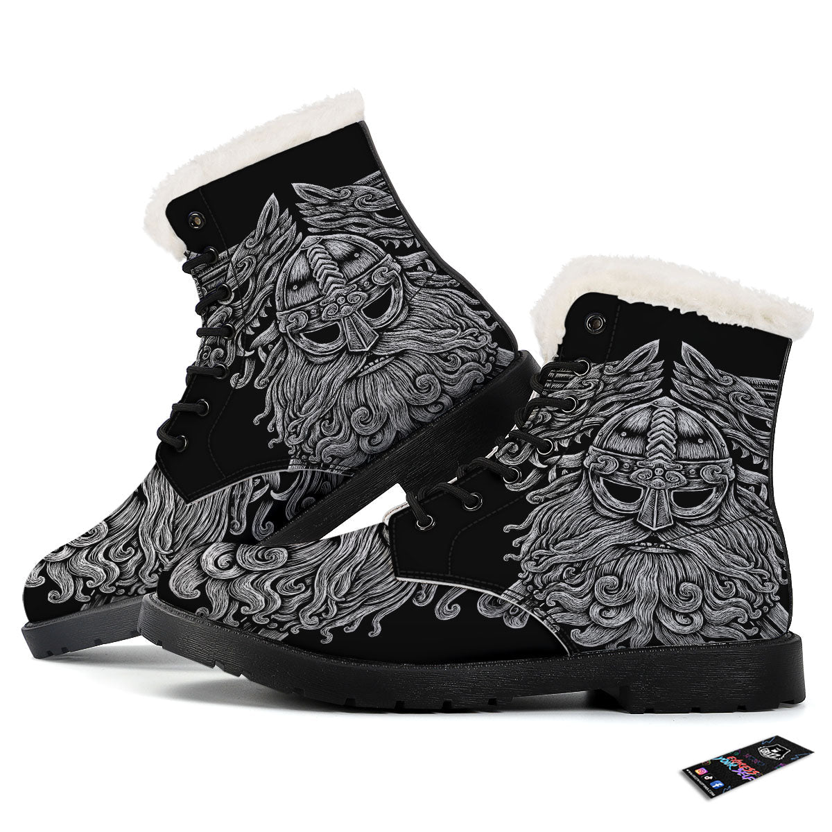 Odin With Wolfs White And Black Print Winter Boots-grizzshop