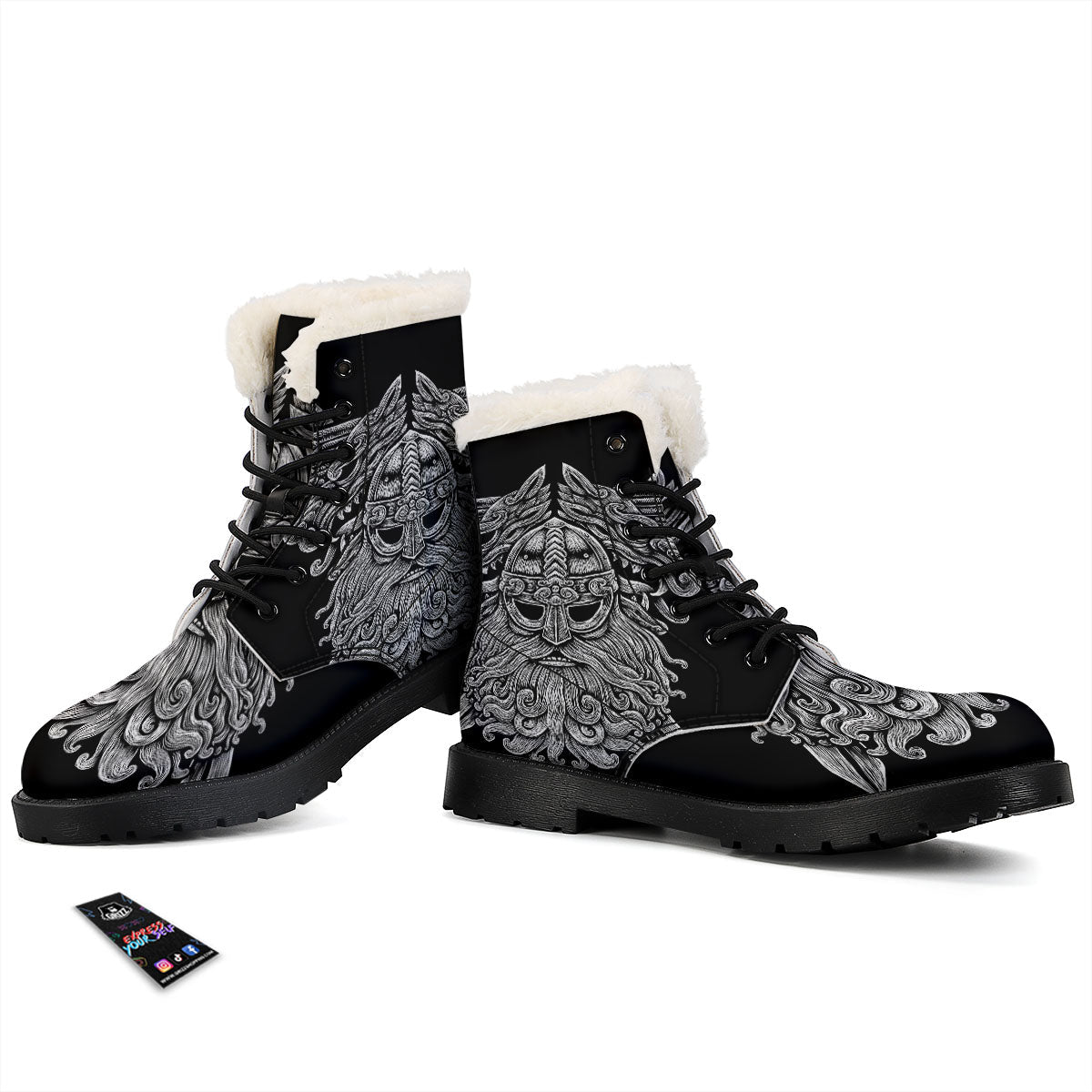 Odin With Wolfs White And Black Print Winter Boots-grizzshop