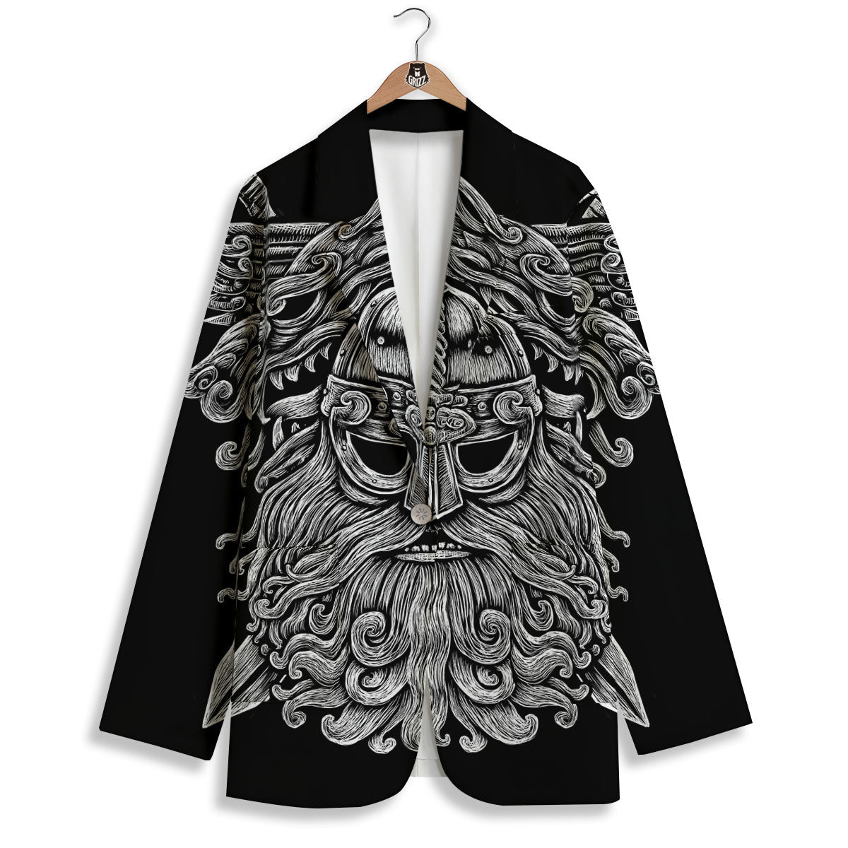 Odin With Wolfs White And Black Print Women's Blazer-grizzshop
