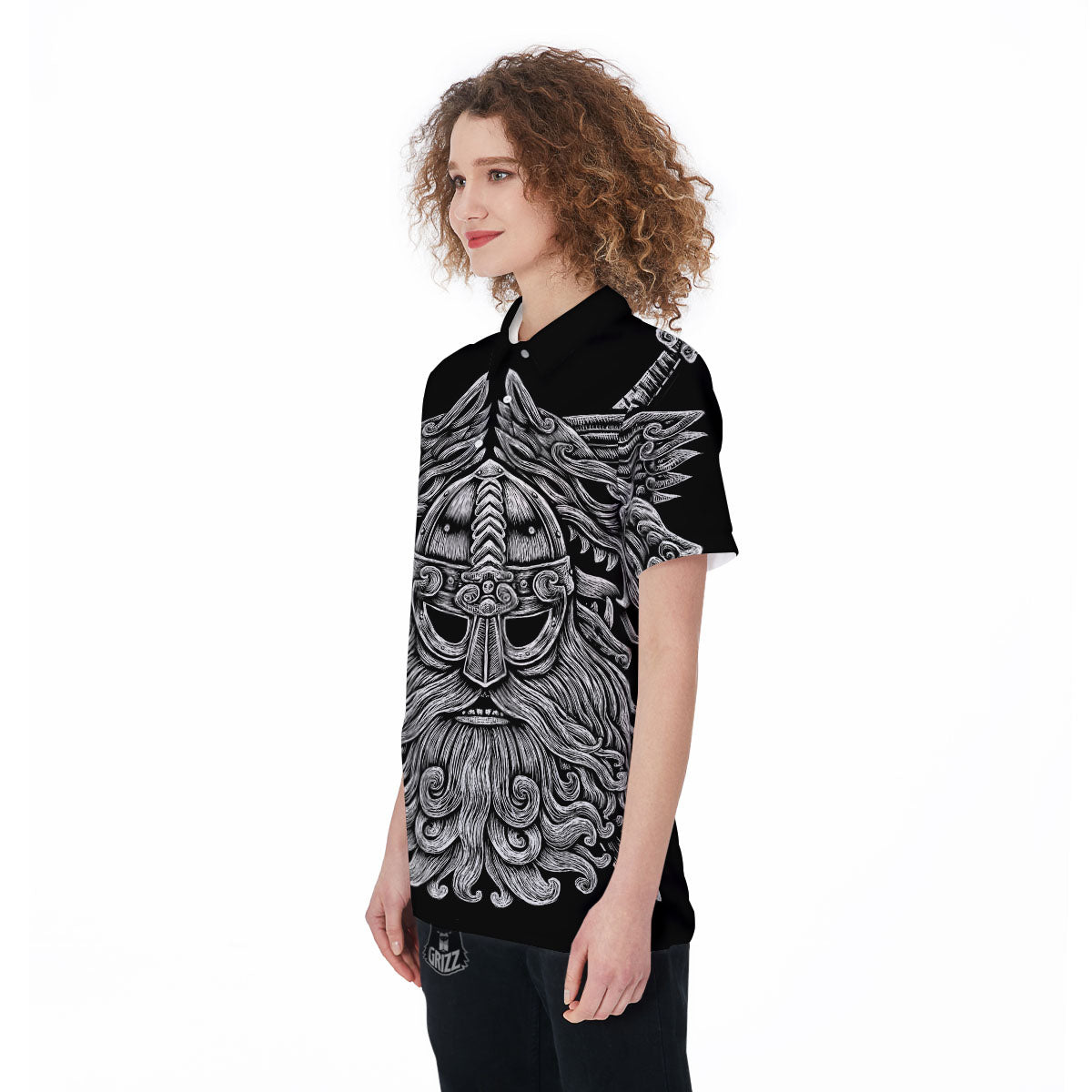 Odin With Wolfs White And Black Print Women's Golf Shirts-grizzshop