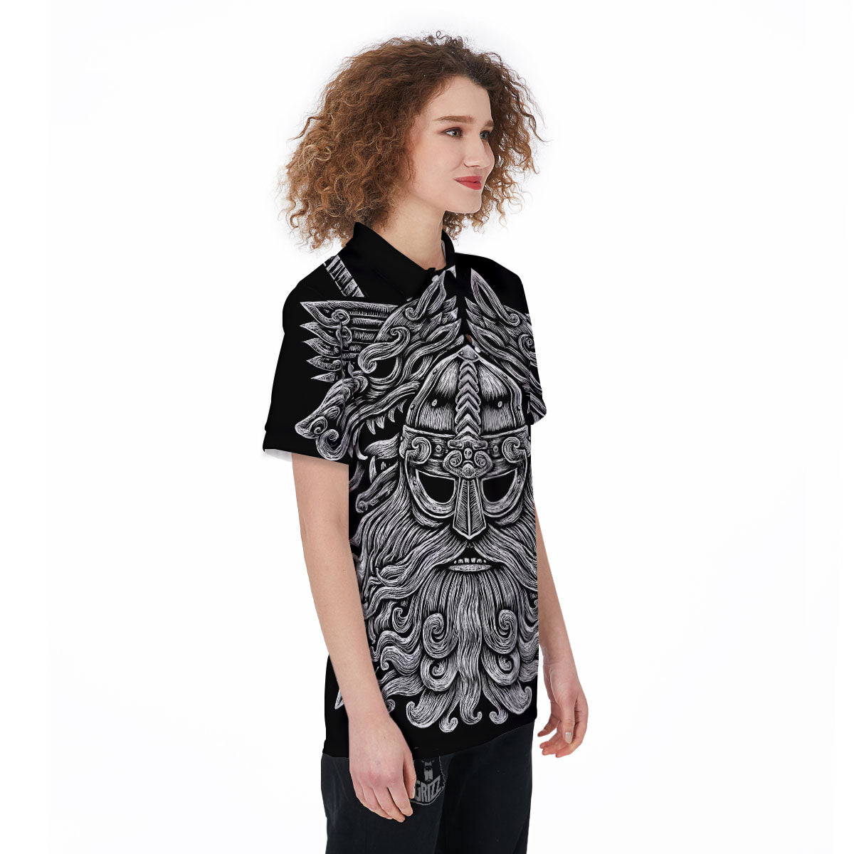 Odin With Wolfs White And Black Print Women's Golf Shirts-grizzshop