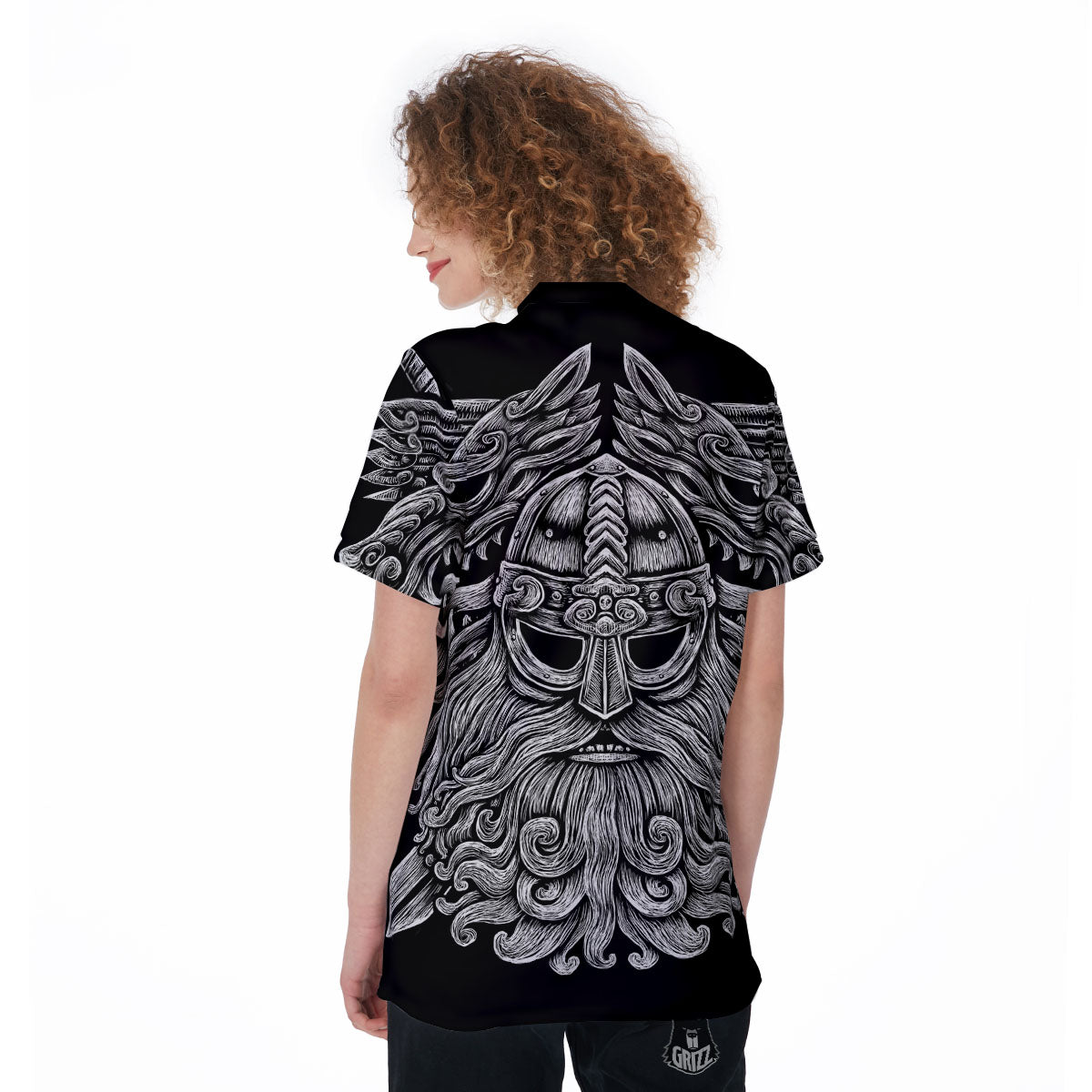 Odin With Wolfs White And Black Print Women's Golf Shirts-grizzshop