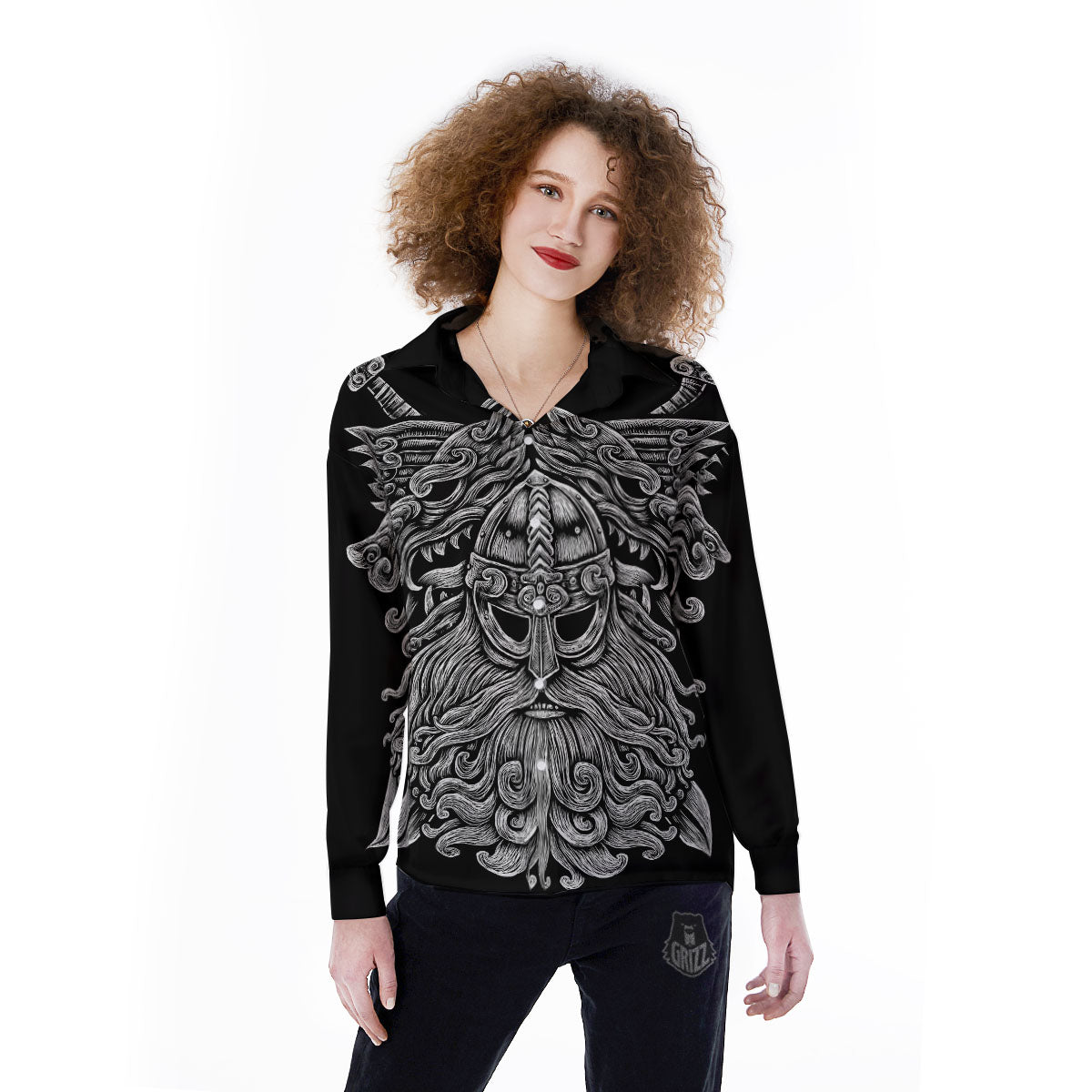 Odin With Wolfs White And Black Print Women's Long Sleeve Shirts-grizzshop