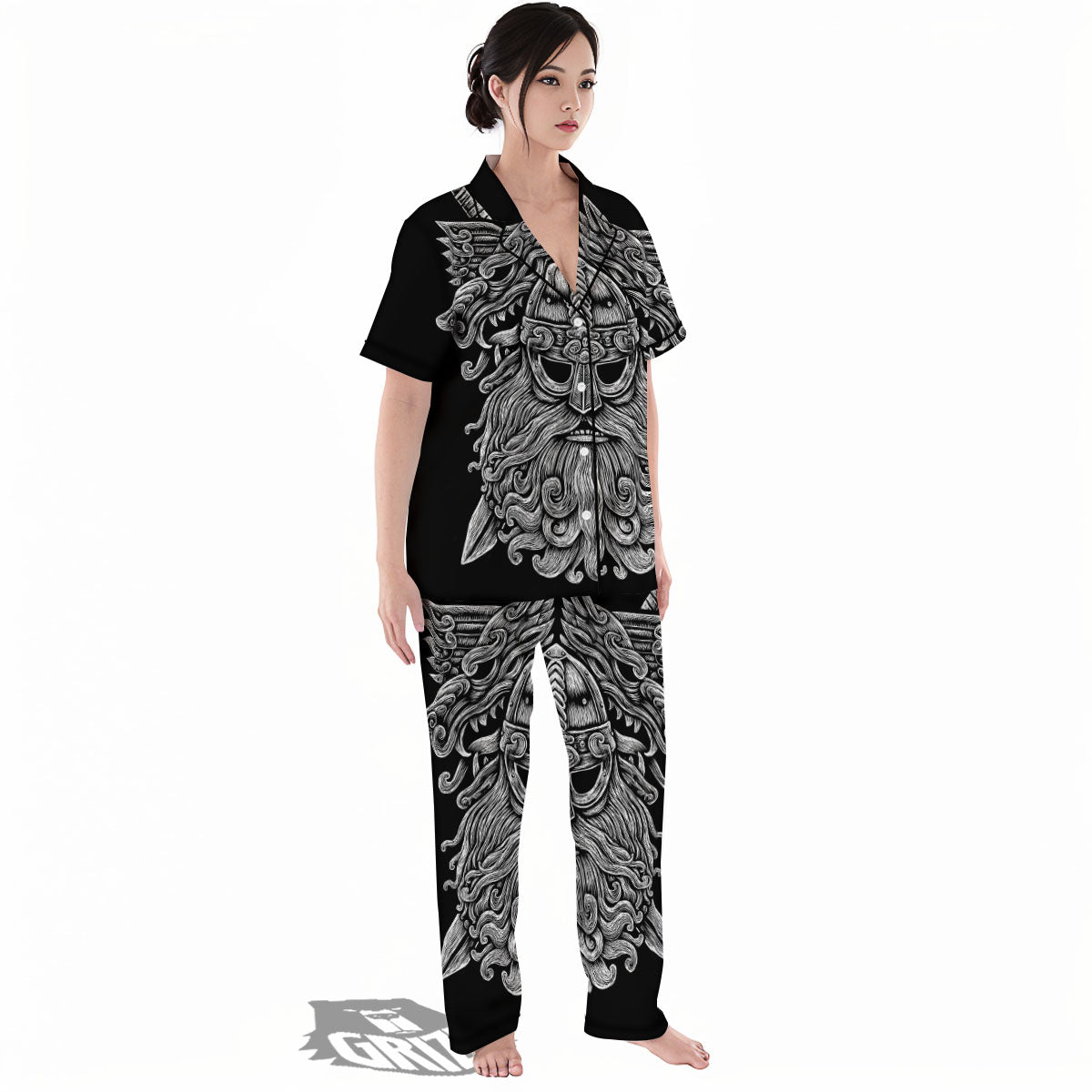 Odin With Wolfs White And Black Print Women's Pajamas Set-grizzshop