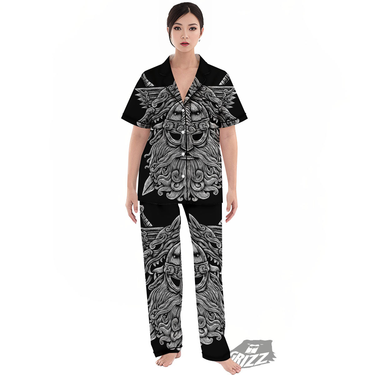 Odin With Wolfs White And Black Print Women's Pajamas Set-grizzshop