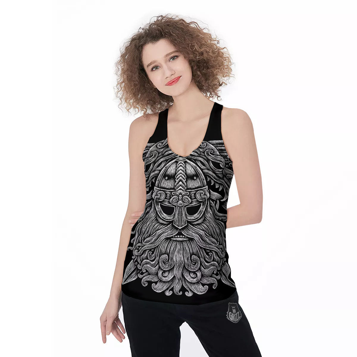 Odin With Wolfs White And Black Print Women's Racerback Tank Top-grizzshop