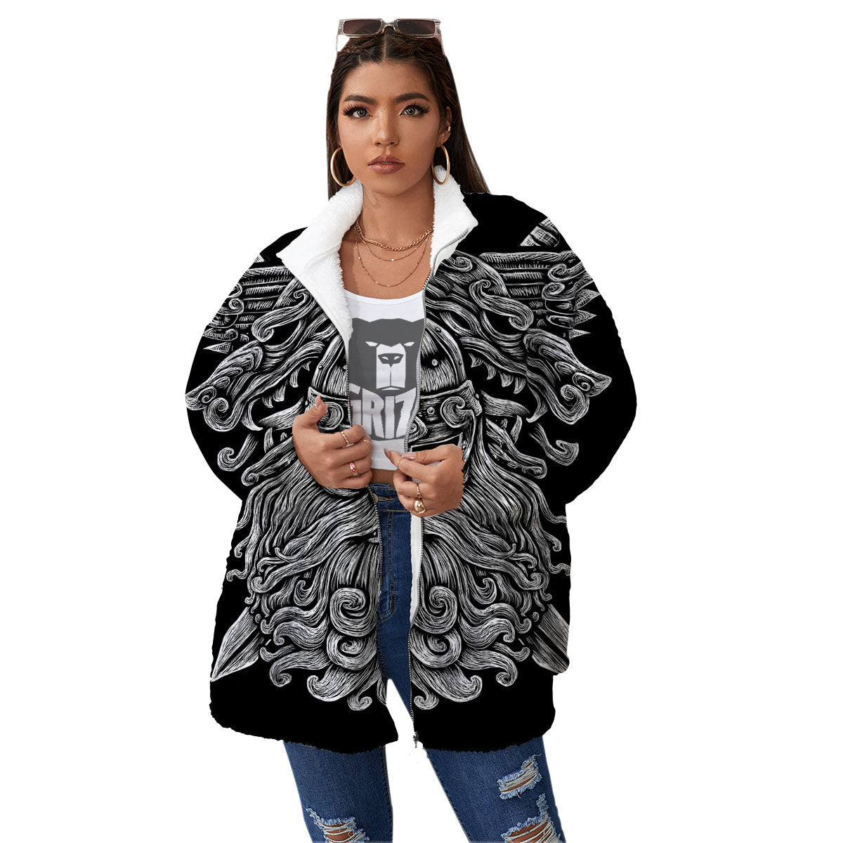 Odin With Wolfs White And Black Print Women's Sherpa Jacket-grizzshop