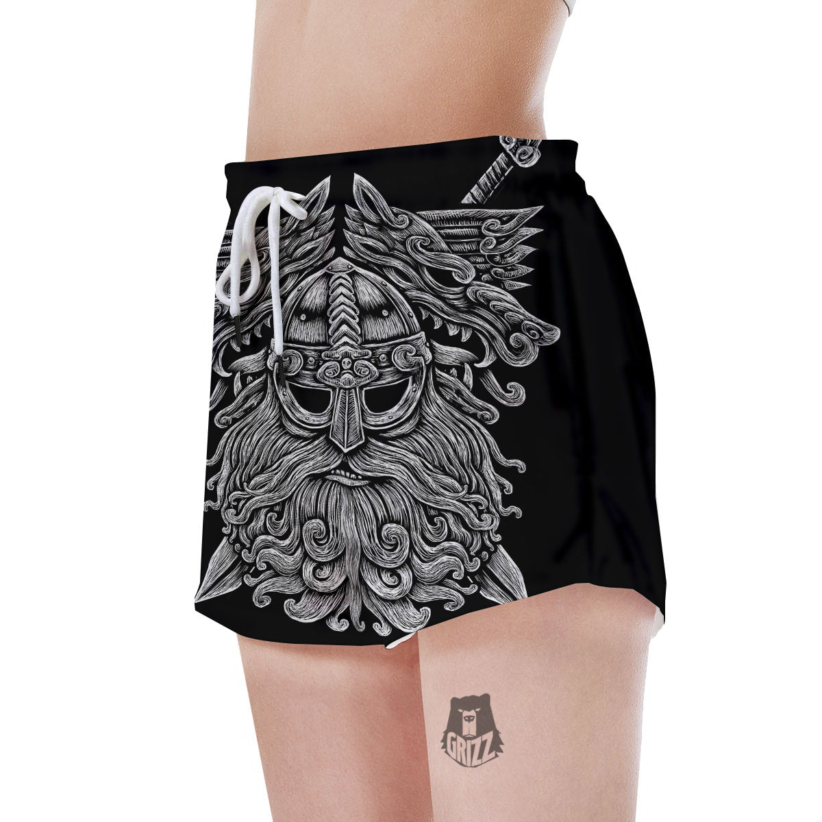 Odin With Wolfs White And Black Print Women's Shorts-grizzshop