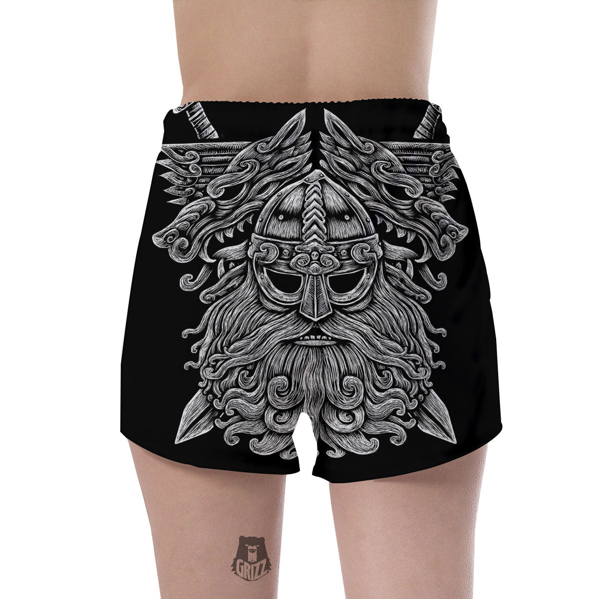 Odin With Wolfs White And Black Print Women's Shorts-grizzshop