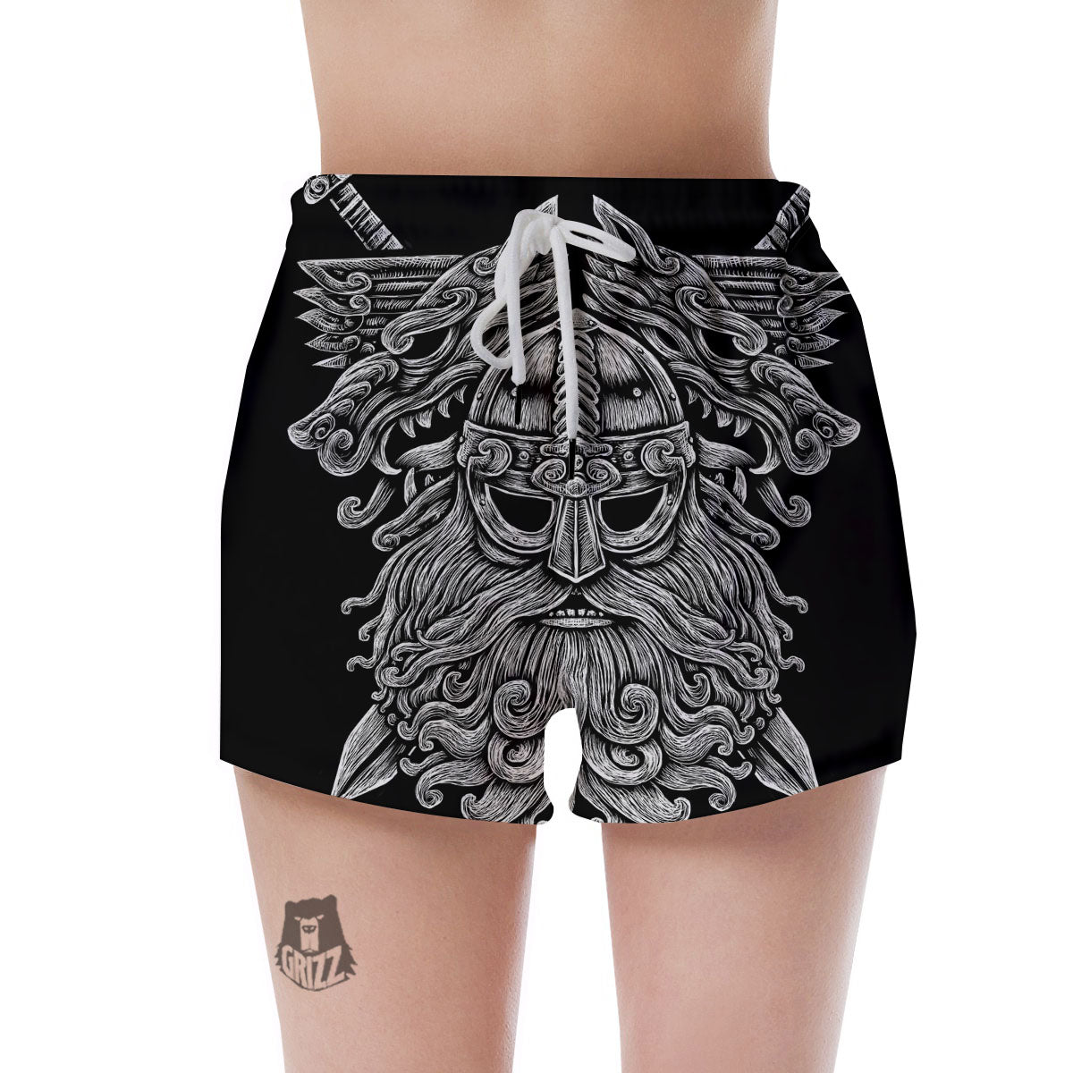 Odin With Wolfs White And Black Print Women's Shorts-grizzshop