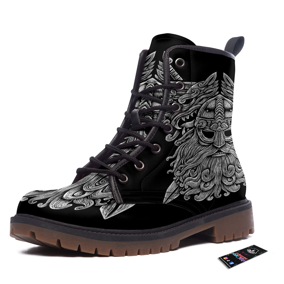Odin With Wolfs White And Black Print Work Boots-grizzshop