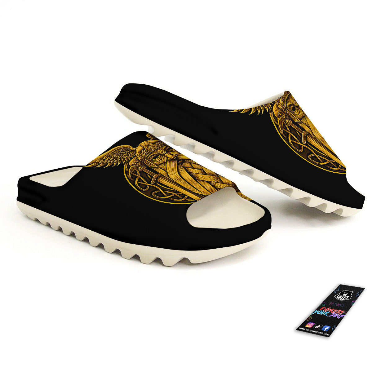 Odin God And Crow Gold Viking Print Sandals-grizzshop