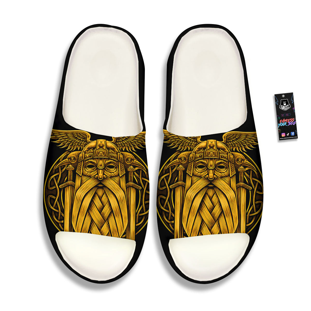 Odin God And Crow Gold Viking Print Sandals-grizzshop