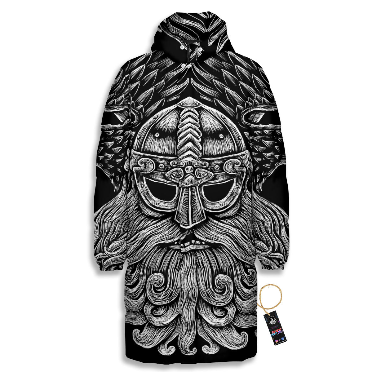 Odin With Crows White And Black Print Long Down Jacket